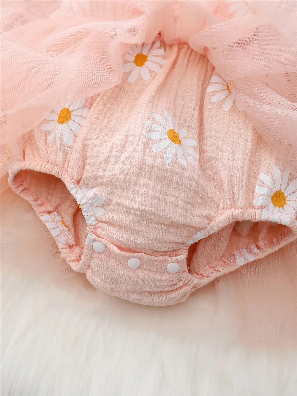 Newborn Baby Girls Cute Daisy Floral Long Sleeves Tulle Patchwork Bodysuit Holiday Party Pink Princess Dress