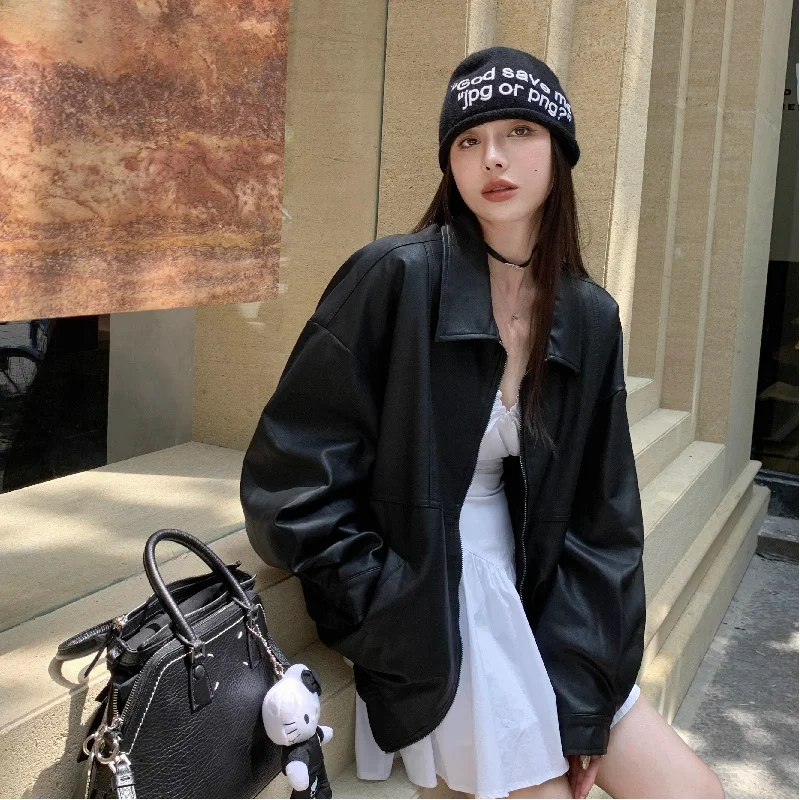 Automne 2024 femmes coupe ample décontracté Bla cuir Jaet Long Sve moto Jaet ort vêtements d'extérieur effet minceur