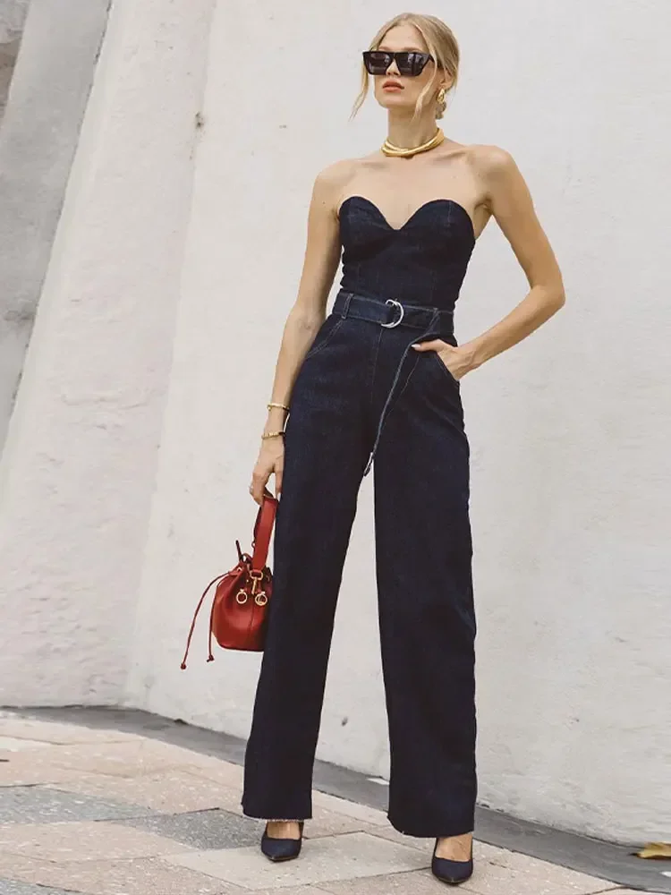 Jumpsuit Women Long Tooling Bra Rompers Summer Fashion Female Off Shoulder Backless Belt Design Bodysuit