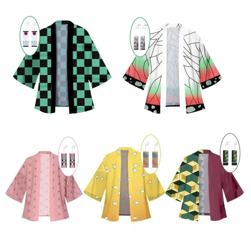 Disfraz de Tanjiro Kamado de Anime Japonés para Hombre, Kimono a Cuadros Verde y Negro, Accesorio de Clip para Oreja de Acrílico para Mujer, Traje de Nezuko Kamado