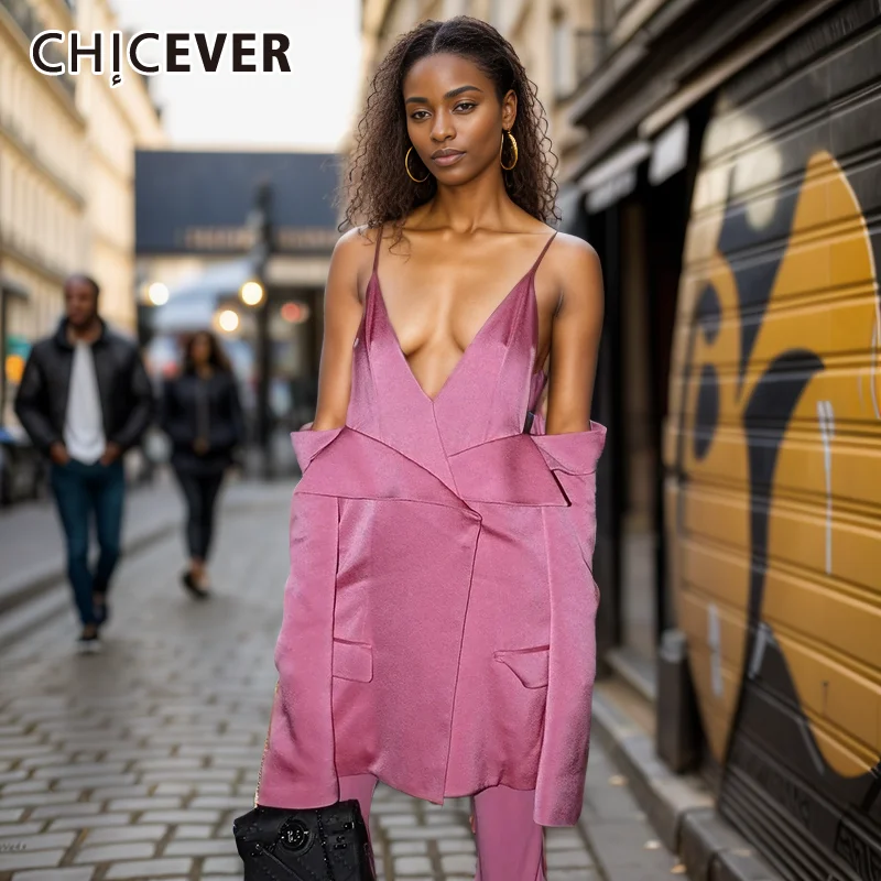 

CHICEVER Asymmetrical Blazer For Women V Neck Long Sleeve Backless Hollow Out Sexy Patchwork Pocket Designer Blazers Female New