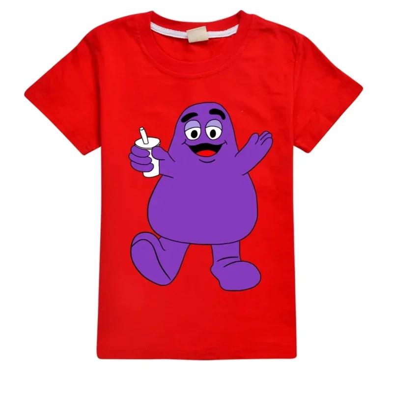 Grimace Shake เสื้อยืดเด็กสาวการ์ตูนผ้าฝ้าย Tees อะนิเมะฤดูร้อนธีมวันเกิดเสื้อผ้า O-คอแขนสั้นของขวัญ