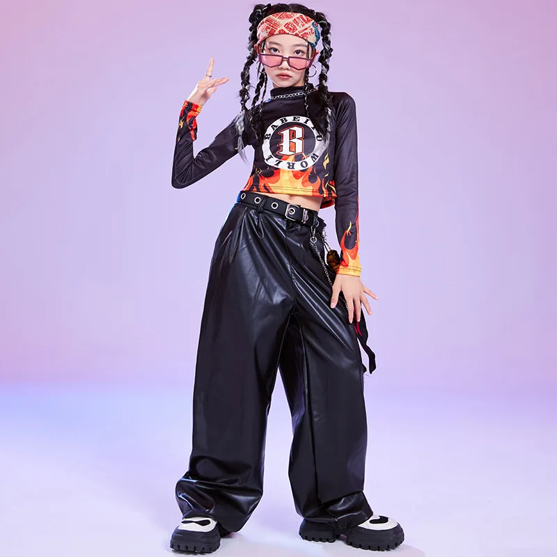 Kid Cool Hip Hop Clothing Black Flame Long Sleeve Crop Top T Shirt Casual Faux Leather Pants for Girl Jazz Dance Costume Clothes