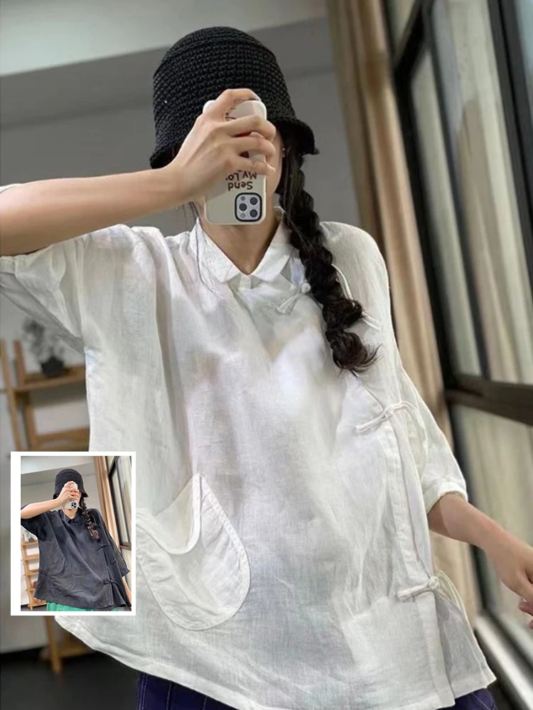 

Винтажный однотонный хлопковый льняной топ большого размера, женский модный повседневный топ на пуговицах, летняя одежда