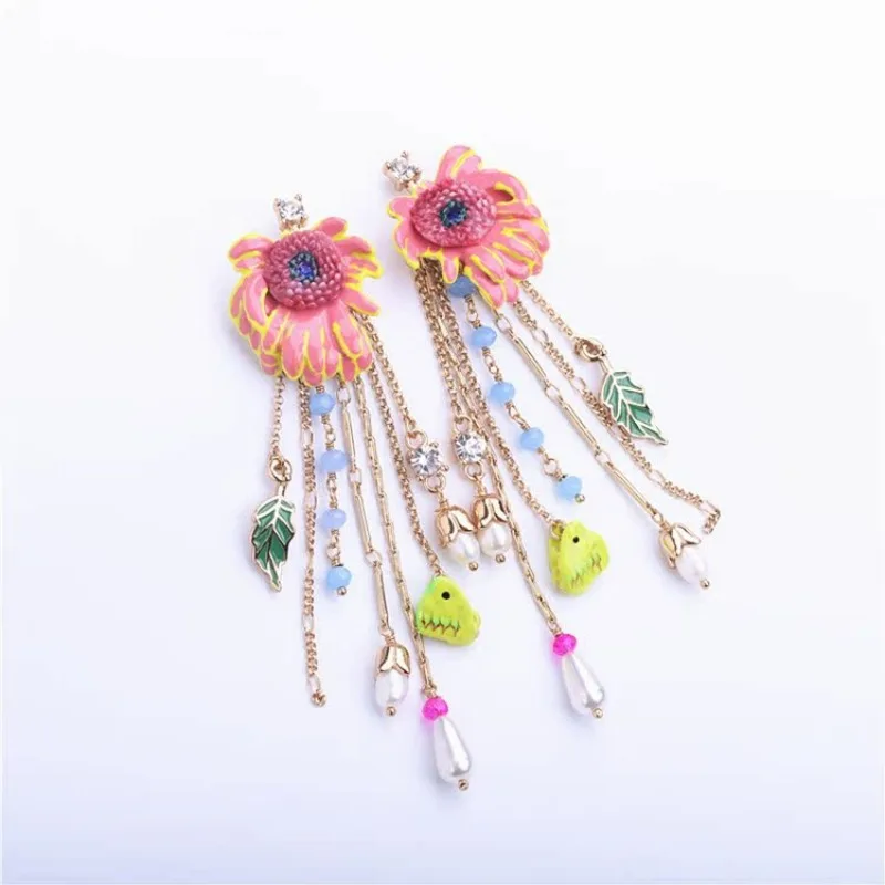 Niche Design Light Luxury Handpainted Enamel Pink Chrysanthemum Flower Yellow Butterfly Dangle Freshwater Pearl Tassels Earrings