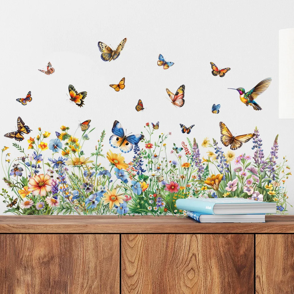 Kolibri- und Schmetterlings-Wildblumen-Wandaufkleber, Blumenwiesen-Abzieh- und Aufklebe-Sticker für Wohnzimmer, Schlafzimmer, Küchendekoration