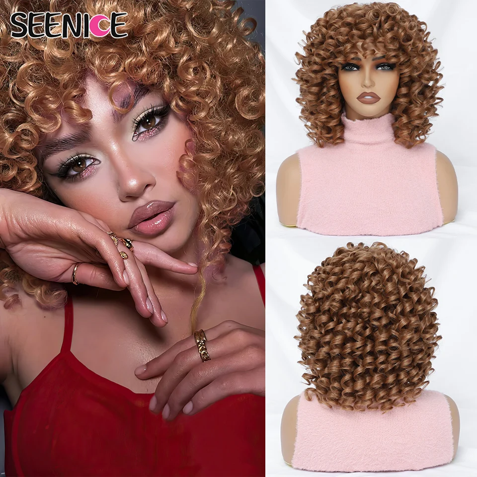 Short Curly Afro Wig With Bangs for Women Kinkly Curly Blonde Synthetic Black Pink Bouncy Natural Female Wigs for Party Cosplay