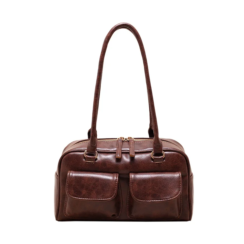 KK 2024 New Brown Palm Double Pocket Women\'s Multi functional Single Shoulder Underarm  luxury leather bag