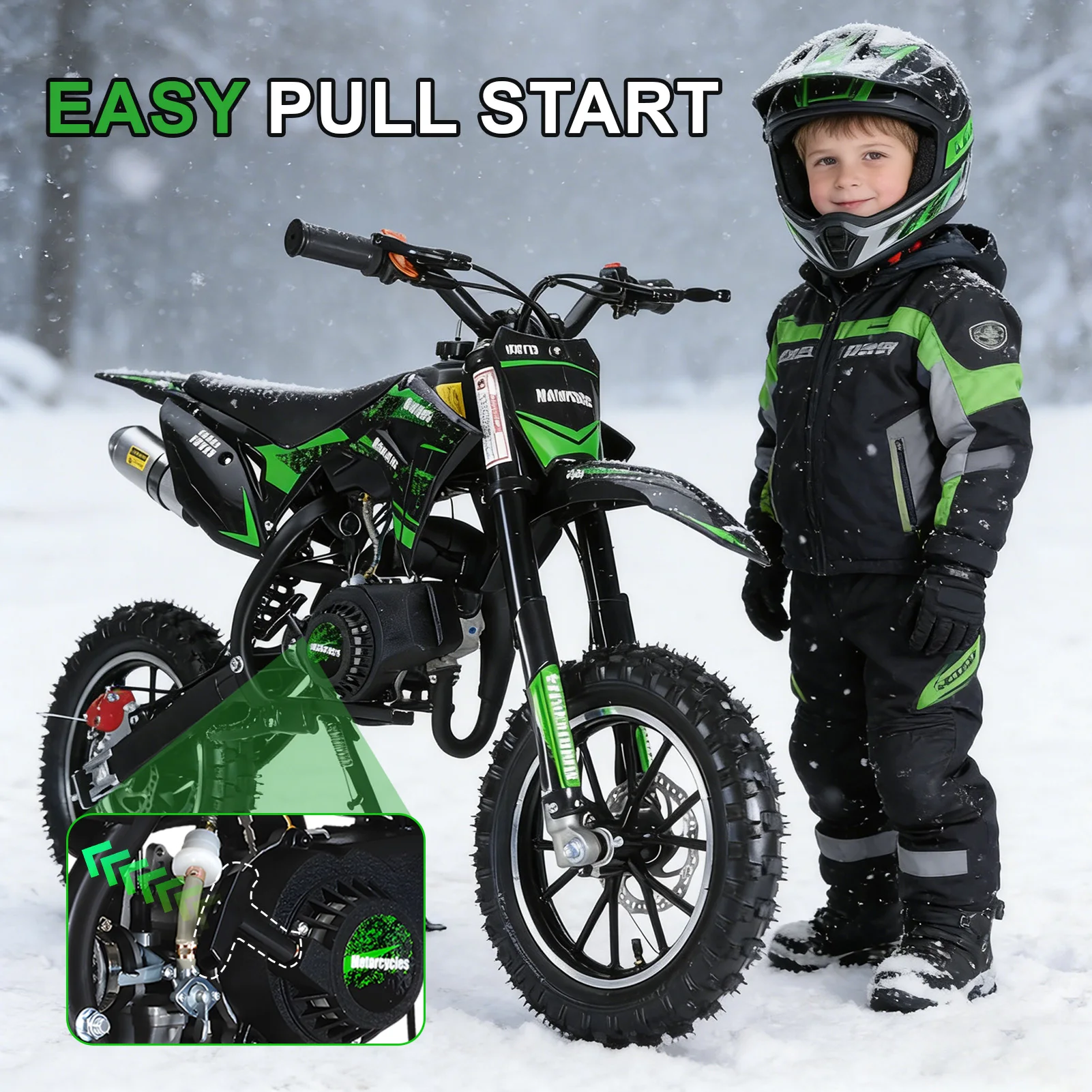 

49CC 2-Stroke Gas Powered Motorcycle with Off-Rode Tire,Shock Absorption Pocket Motorbike, Up to 25 Mph, Max Load 330 LBS, Green
