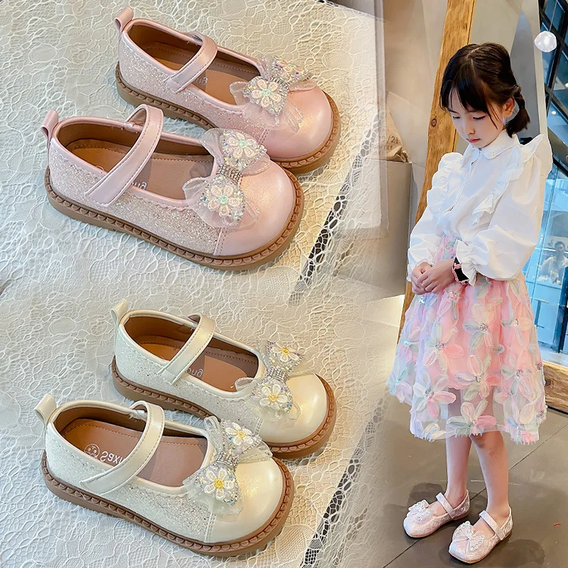 Kids Flat Shoes Soft Sole Girls Princess Leather Shoes with Mesh Bow 2024 New Fashion Children Dance Shoes Round Toe Temperament