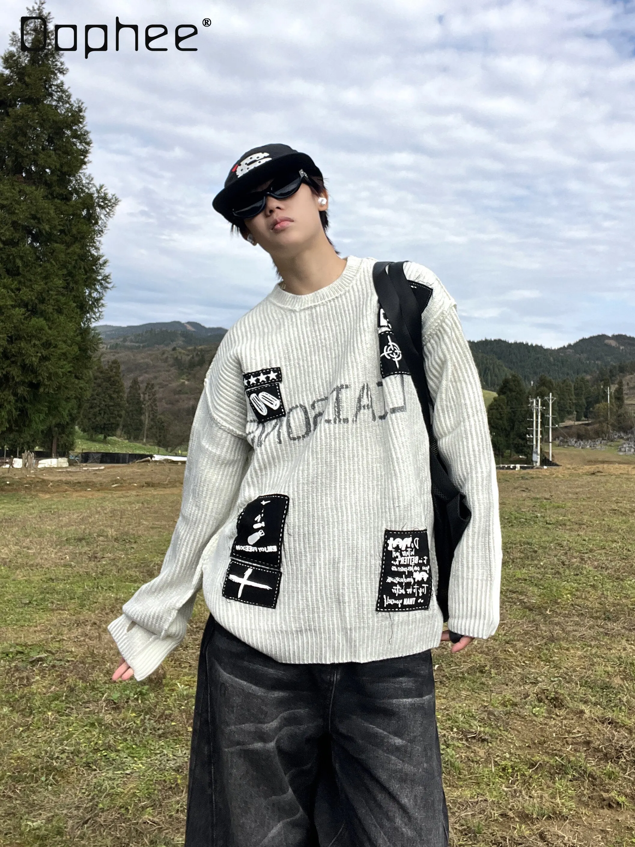 

Весенне-осенний новый мужской свитер в американском ретро-стиле с вышивкой, круглым вырезом, белый, свободный, повседневный, черный пуловер, трикотаж