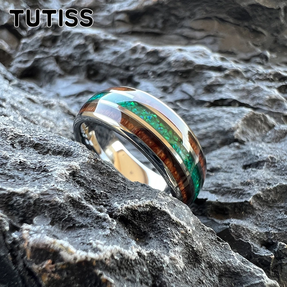 TUTISS 8mm Black Tungsten Ring for Men Women Engagement Wedding Band Fashion Jewelry Green Opal Koa Wood Inlay Comfortable Fit