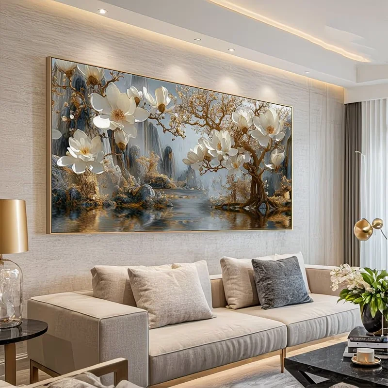 Magnolia Tree,River,Rock Landscape Diy Diamond Arts Painting Full Square Round Drill Mosaic Diamond Embroidery Picture