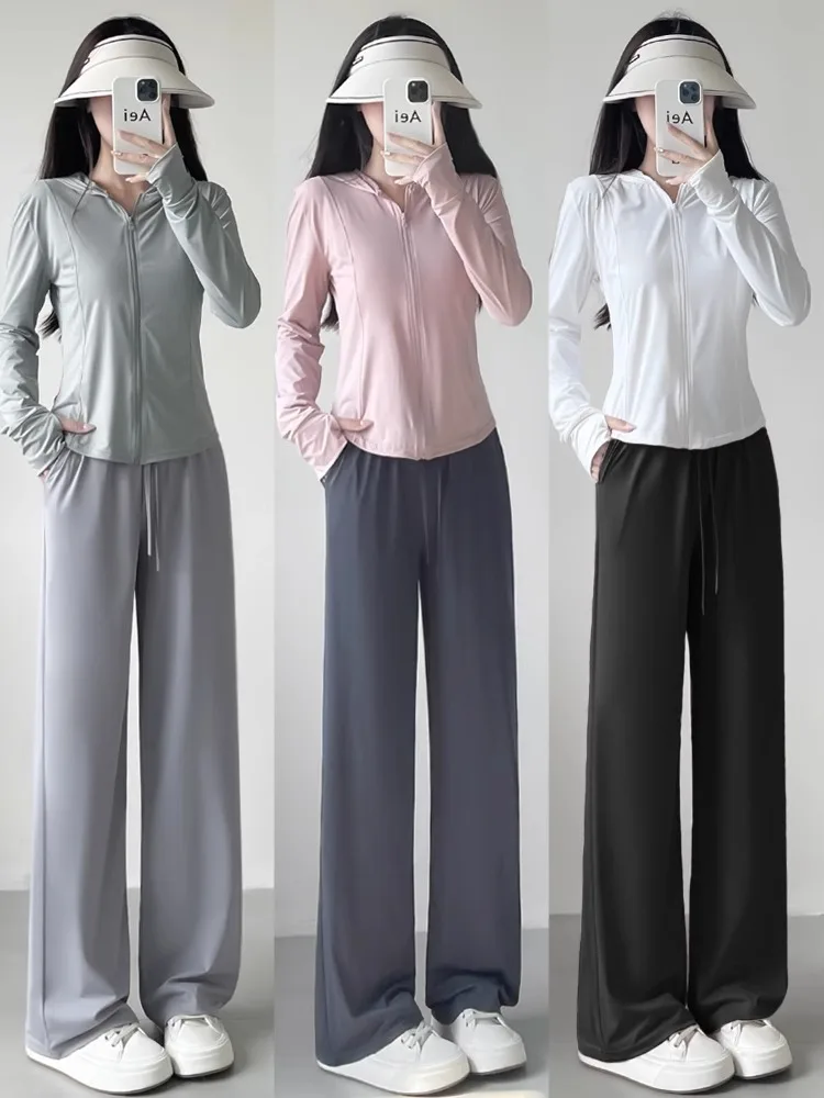 

Ice Silk Wide Leg Pants Women's Summer Thin Qui Dry Sports Pants Straight Casual Drape High Waist Cool Mosquito Proof Sunsc...