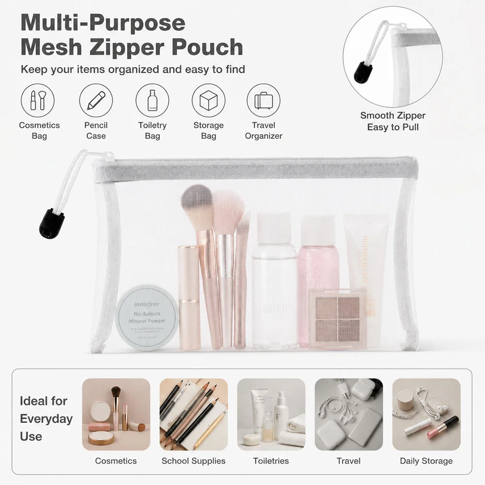 Portable Transparent Pen Bag Nylon Mesh Square Shape Pencil Case Large Capacity Zipper Closure Storage Pouch Beauty Tool Storage