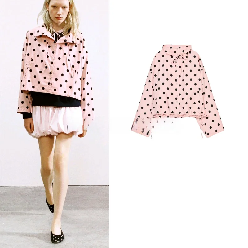 

Новое весеннее женское пальто в горошек с длинными рукавами, воротником-стойкой, регулируемой длиной и поясом-завязкой, свободного кроя, для повседневной носки