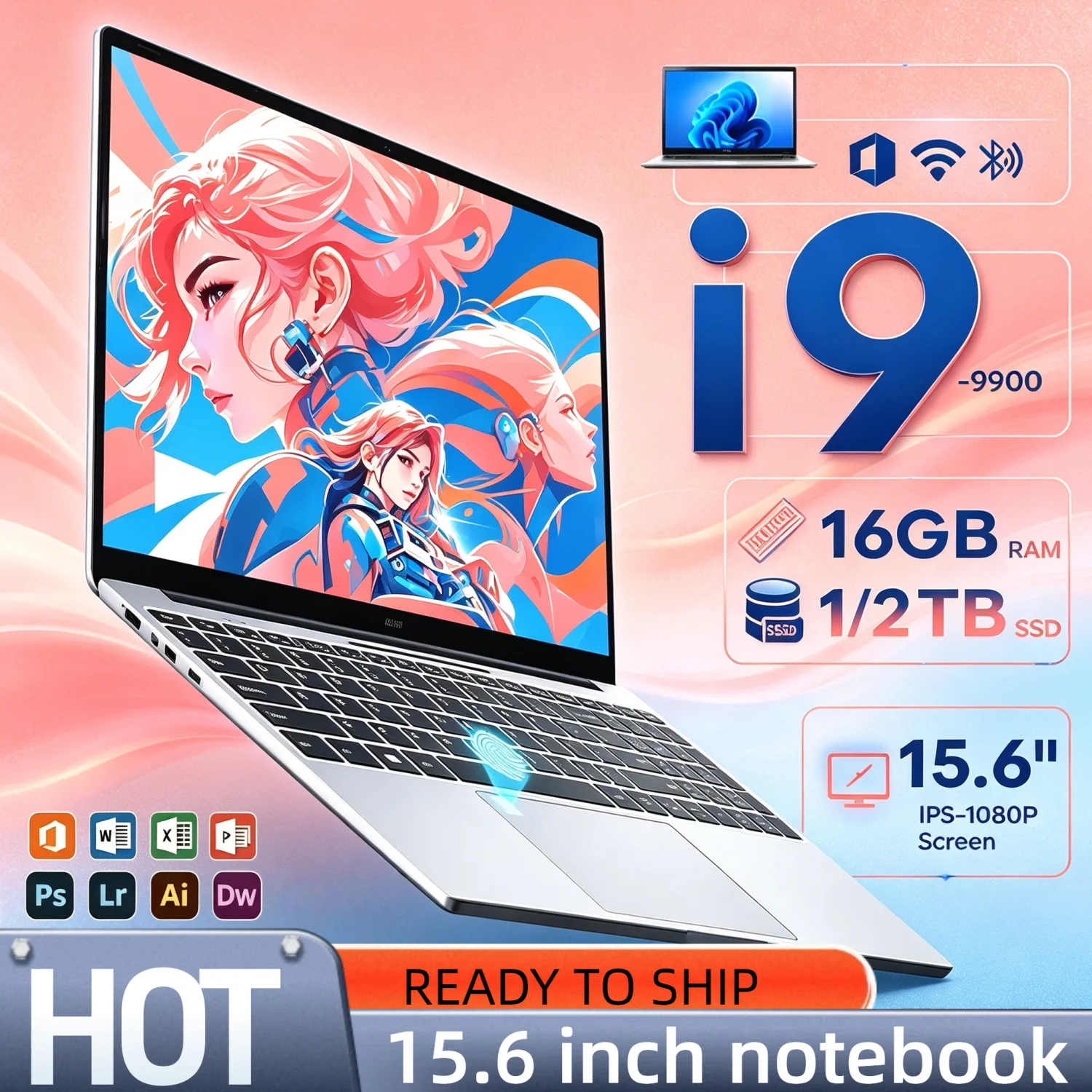 Slim Ultra 15.6 Inch Gaming Laptop 32GB RAM 512GB 1TB SSD Intel Core i9 9900 8C 16T 5GHz Notebook 1920x1080 Office Elite