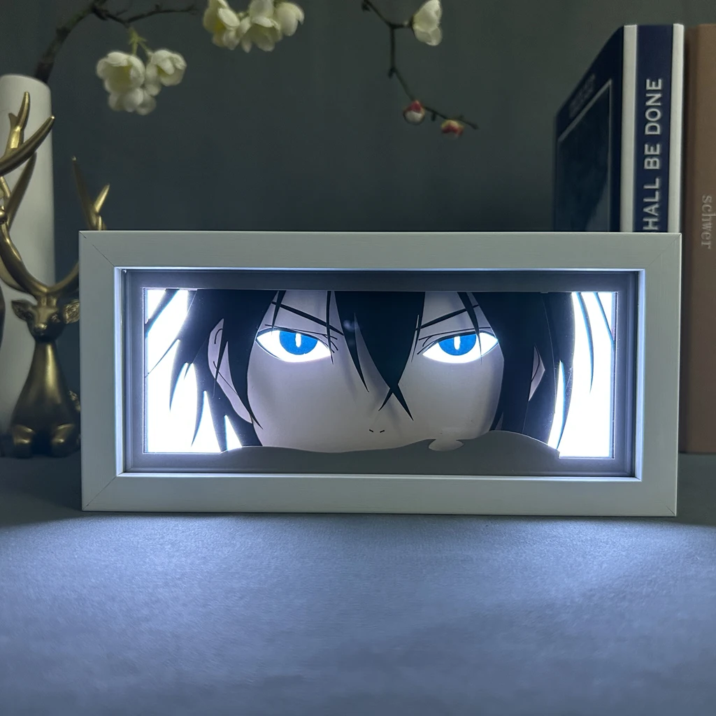 Imagem -02 - Lightbox Manga Madeira Nightlight 3d Paper Cut Desk Lamp Caixa de Luz Led Nordic Yato Eye Face Anime Decoração do Quarto