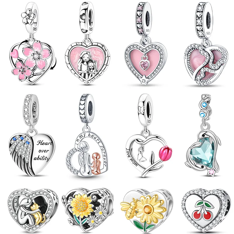 925 Sterling Silver Heart Shaped Sunflower Charms Beads For 