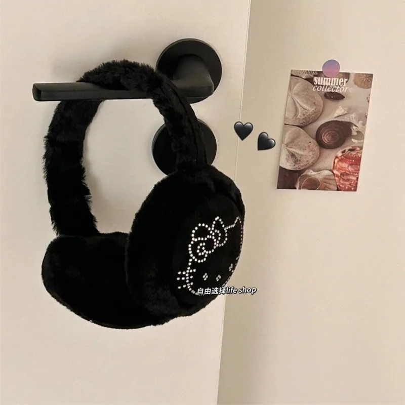 Orejeras negras de gato de Hello Kitty para mujer, cubiertas cálidas de invierno, orejeras, protección para los oídos, protección contra el frío, cubierta para los oídos, nuevo