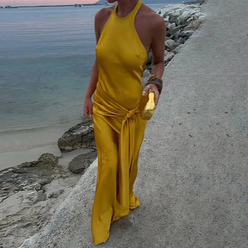 Elegant Round Neck Sleeveless Party Dress 2025 Women Sexy Backless Solid Beach Dress Fashion Lace-Up Waist Slim Satin Long Dress