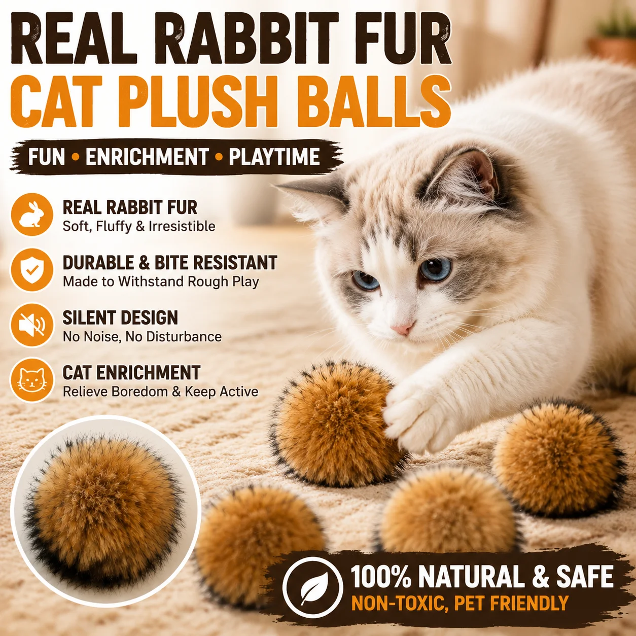 Rabbit Fur Cat Toy Ball Quiet Silent Interactive Enrichment Toy for Indoor Cats Durable Chew Resistant Natural Rabbit Fur