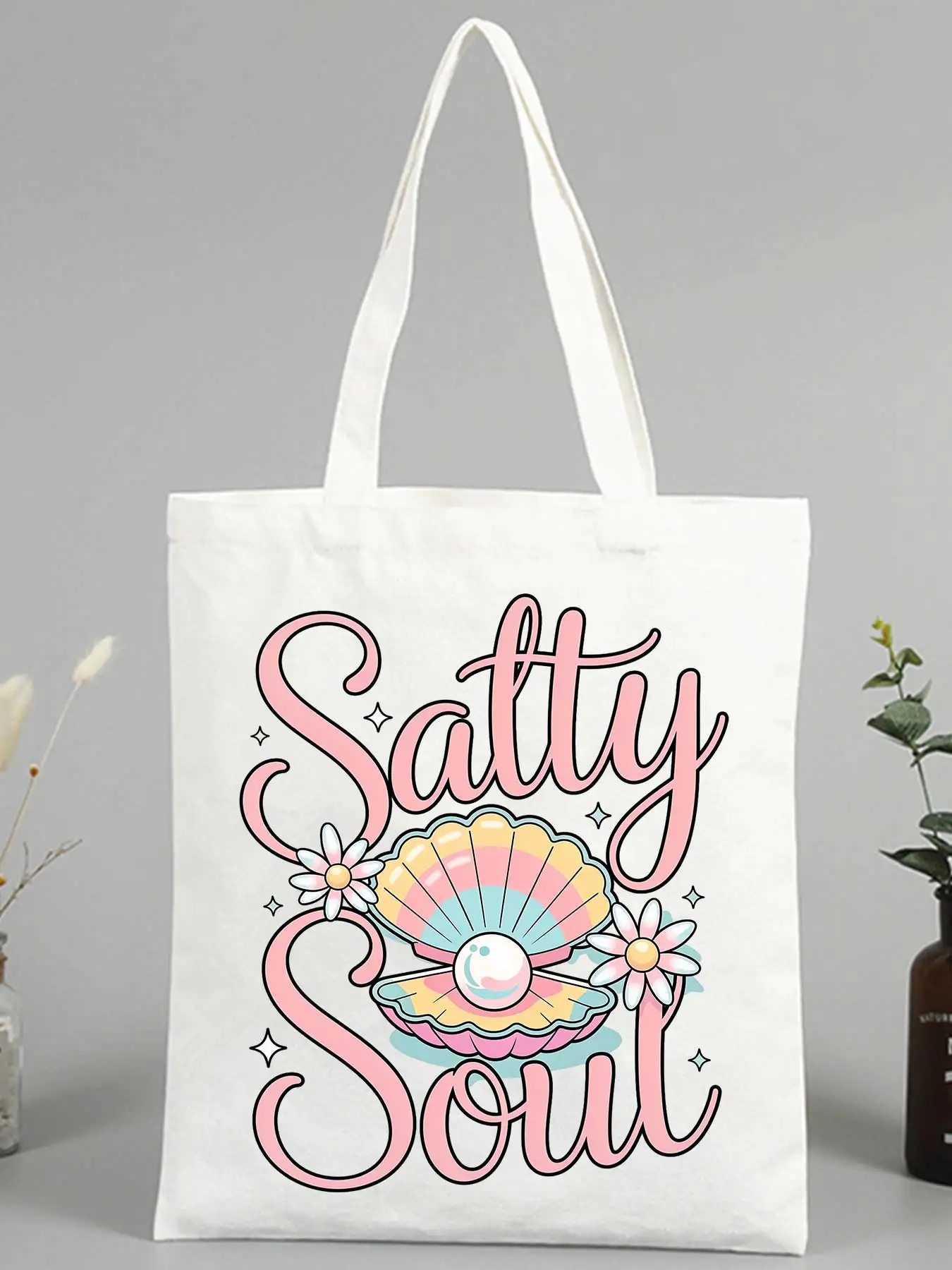 Women's seashell and pearl print canvas tote bag, casual style for beach outings and daily shopping