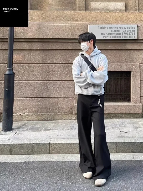 

Cleanfit Men's Spring Autumn Long Bell Bot Pants High Waist Straight Leg Casual Trousers Faionable Drapey Loose Fit