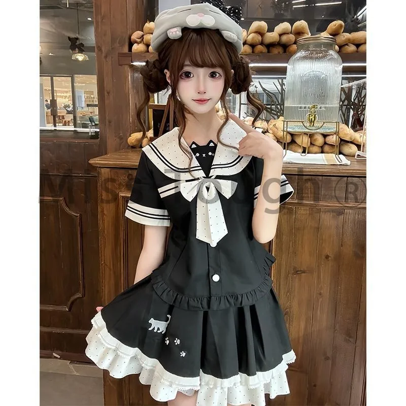 Preppy Style Women 2 Piece Set Bow Cat Embroidery Skirt Set Sweet Soft Girl Daily School Casual Korean Fashion Kawaii Streetwear