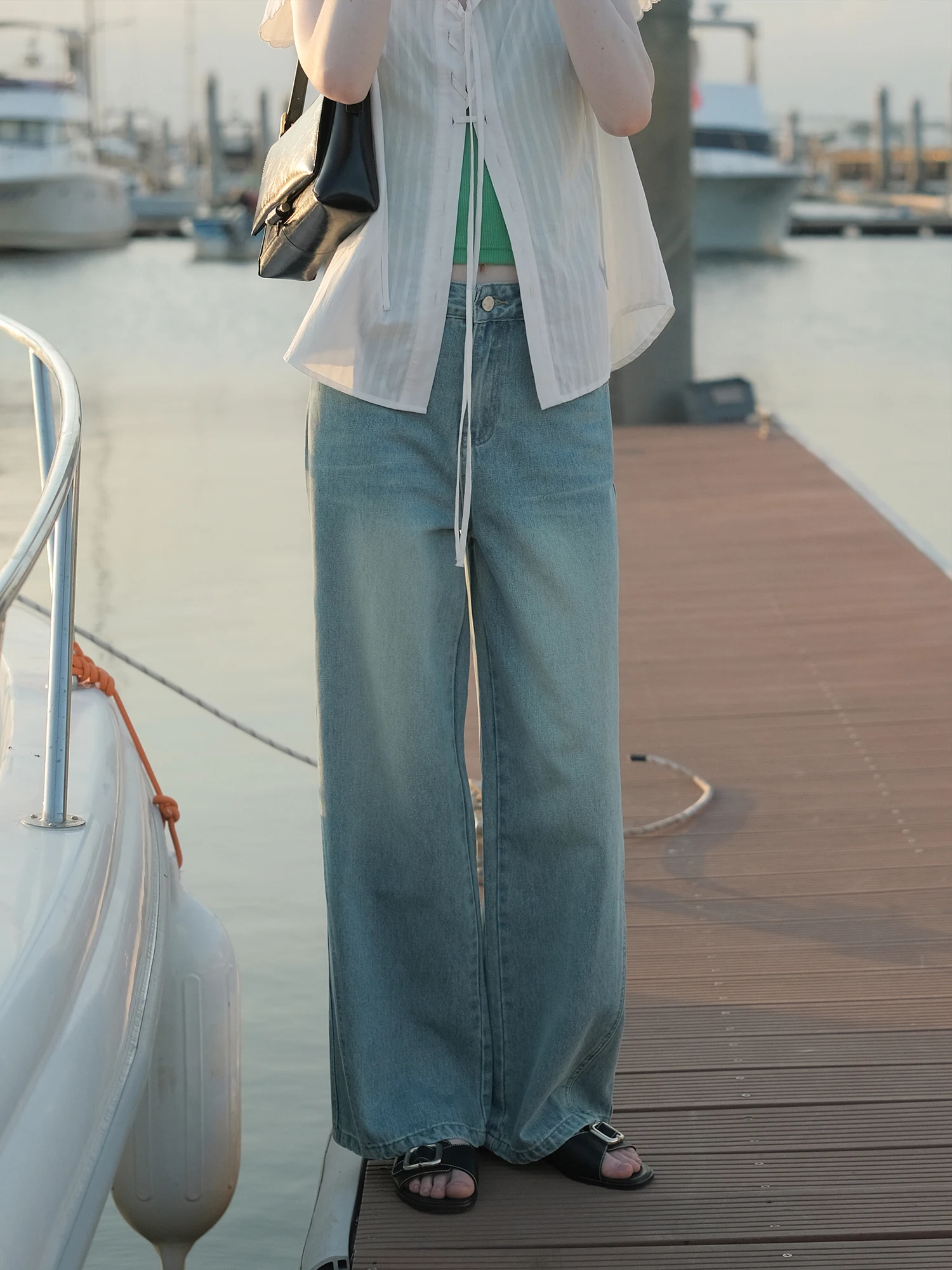 Retro Washed Light Blue Faded Denim Jeans Casual Wide Leg Pants mid Waist Loose Fit Women Summer Season Casual Style Cotton F...