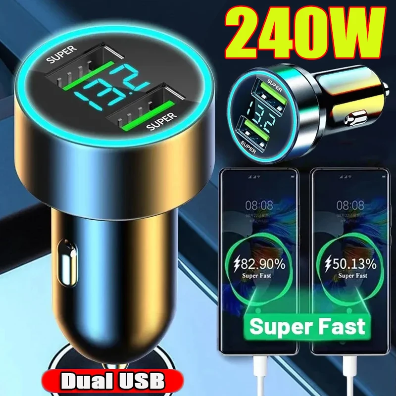 240W Car Super Fast Charger Dual USB Ports for IPhone Samsung Phone Quick Charging Adapter Automotive Chargers