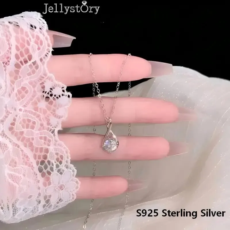 JellyStory S925 Sterling Silver Angel's Tear Necklace for Women, Simple 8mm Teardrop Moissanite Collarbone Chain Gift
