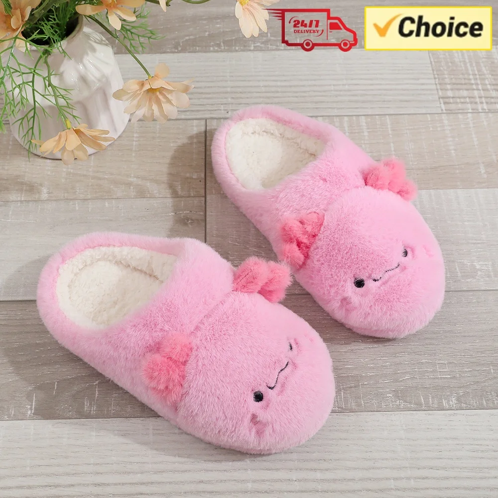 Soft Fleece-Lined Plush Slides Thick-Soled Embroider Plushies House Shoes Little Monster Thermal Cotton Slipper for Indoor Home