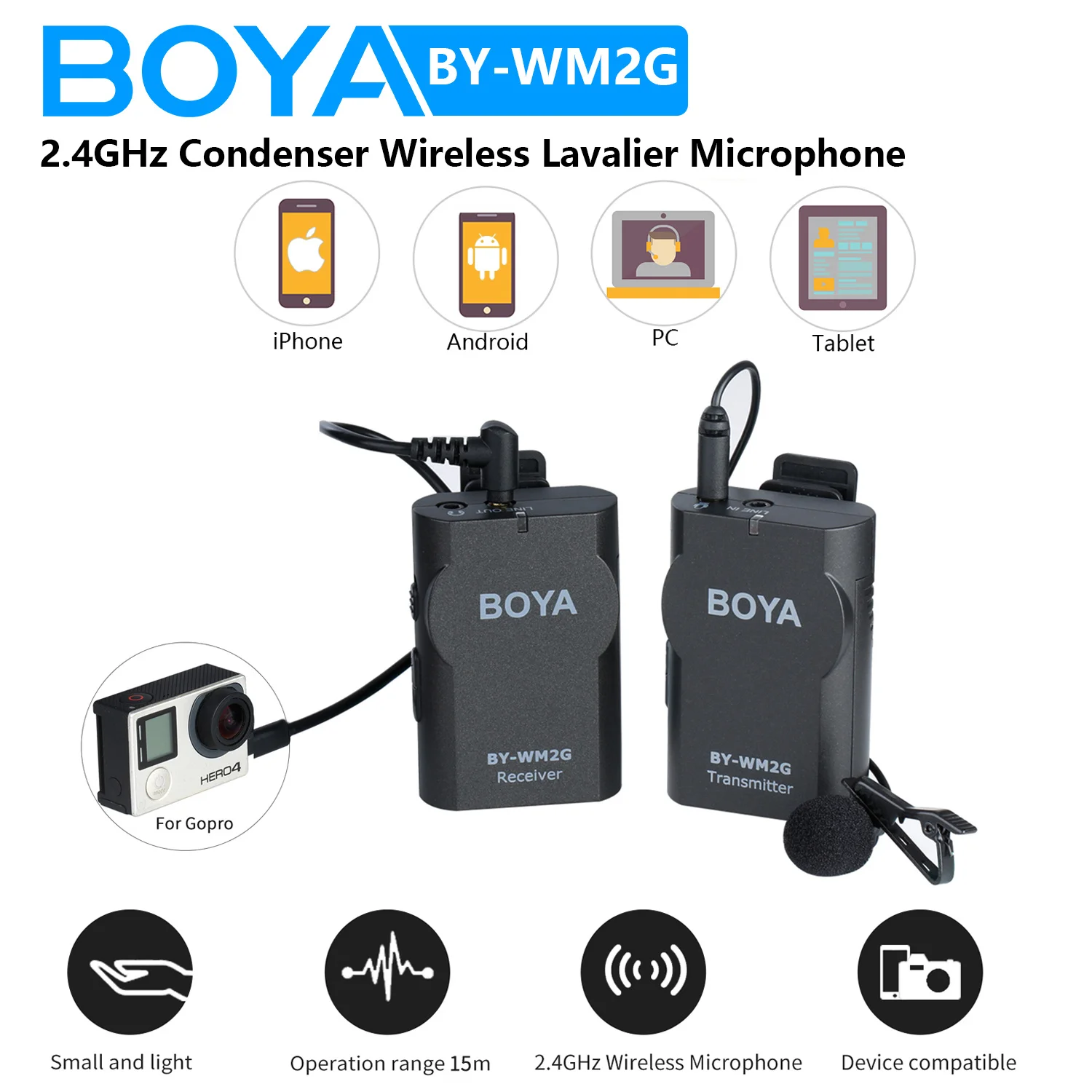 

Конденсаторный беспроводной петличный микрофон BOYA BY-WM2G 2,4 ГГц для камер GoPro Hero 3 4 PC Android iPhone DSLRs Youtube Vlog