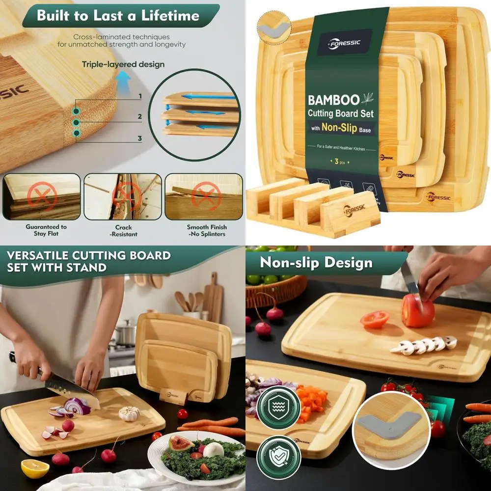 

Набор из 3-х нескользящих бамбуковых разделочных досок с держателем, над раковиной, толстых и прочных для кухни, отлично подходит для овощей и фруктов.