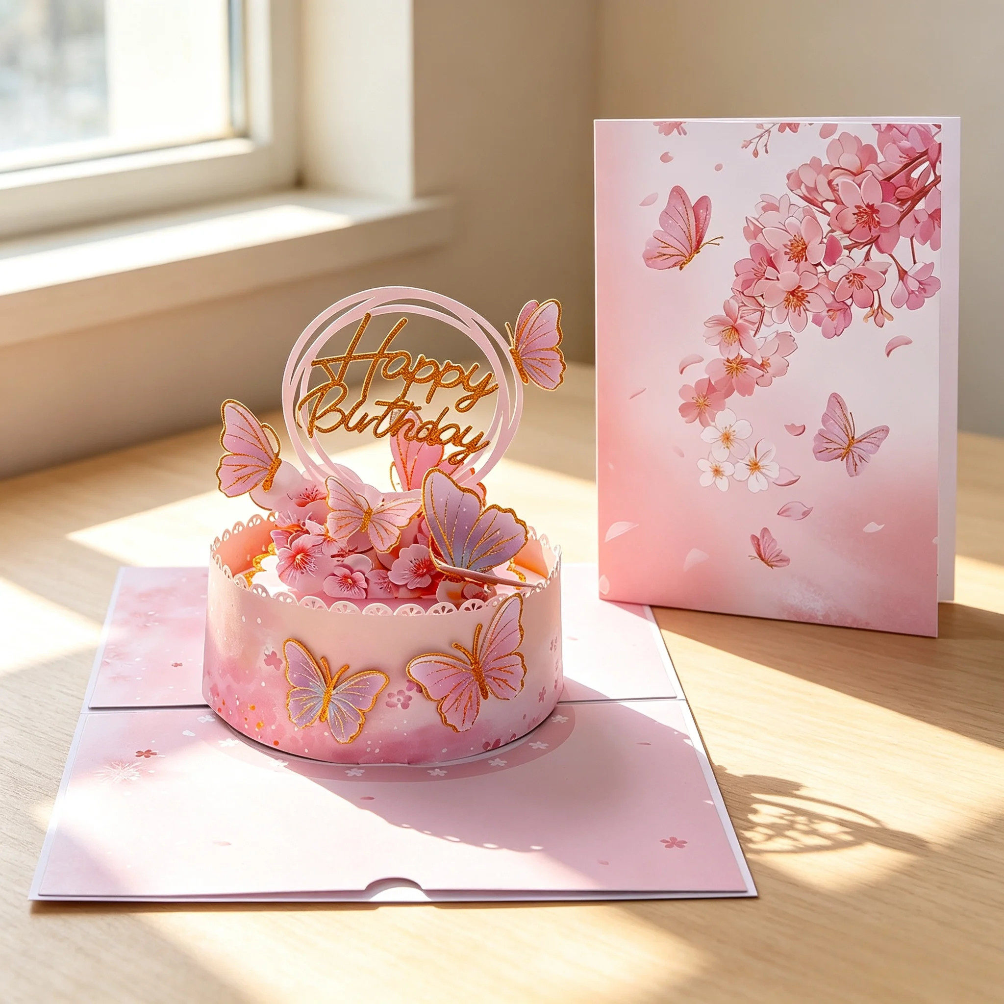 3D Glückwunschkarte zum Geburtstag, Sakura- und Schmetterlingsdesign, Elegante Rosa Blumenkarte Perfekt für Geburtstage und Alle Anlässe