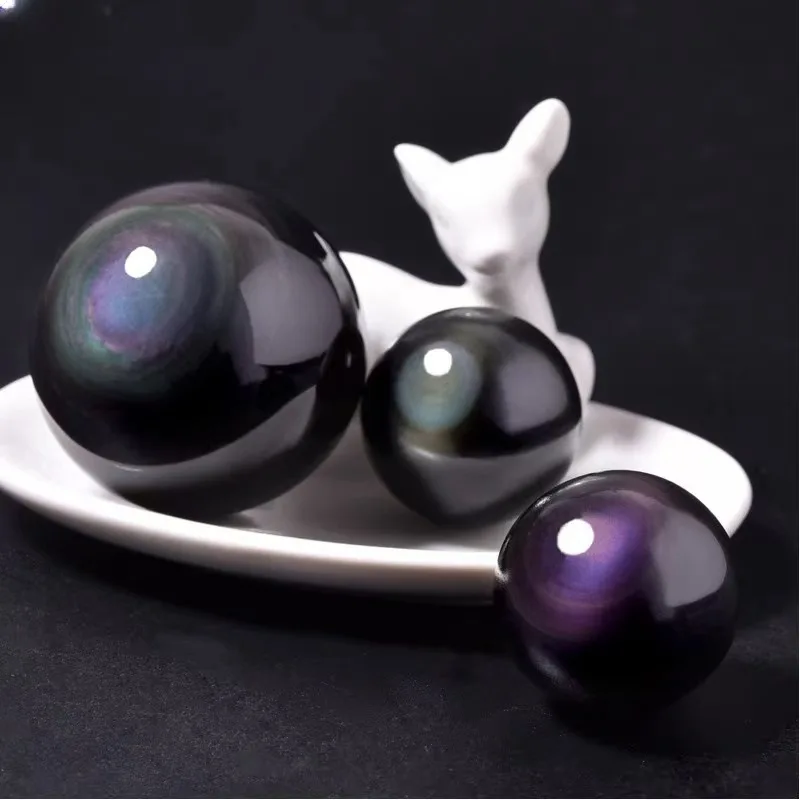 Natural Rainbow Flash Black Obsidian meditation Semi-Precious Stone Crafts Crystal gifts rock Ball Sphere for home fengshui