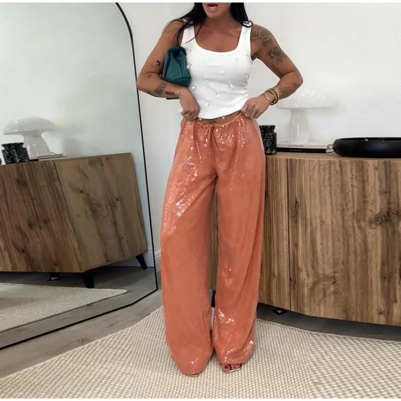 Sequin Loose Summer Women's Pants Low-rise Drawstring Straight Wide Leg Y2k Pant And Trousers New Beach Casual Clothes 2026
