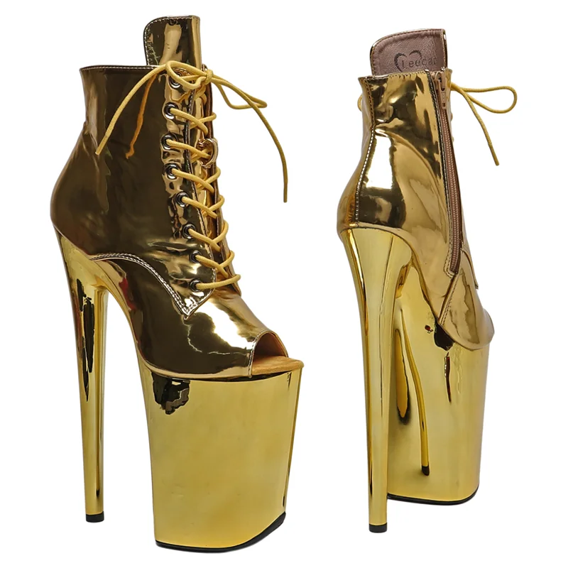 Leecabe  23CM/9inches  Shiny PU  upper Sexy boots Open toe  High Heels Platform  stripper heel ankle Pole Dance shoes