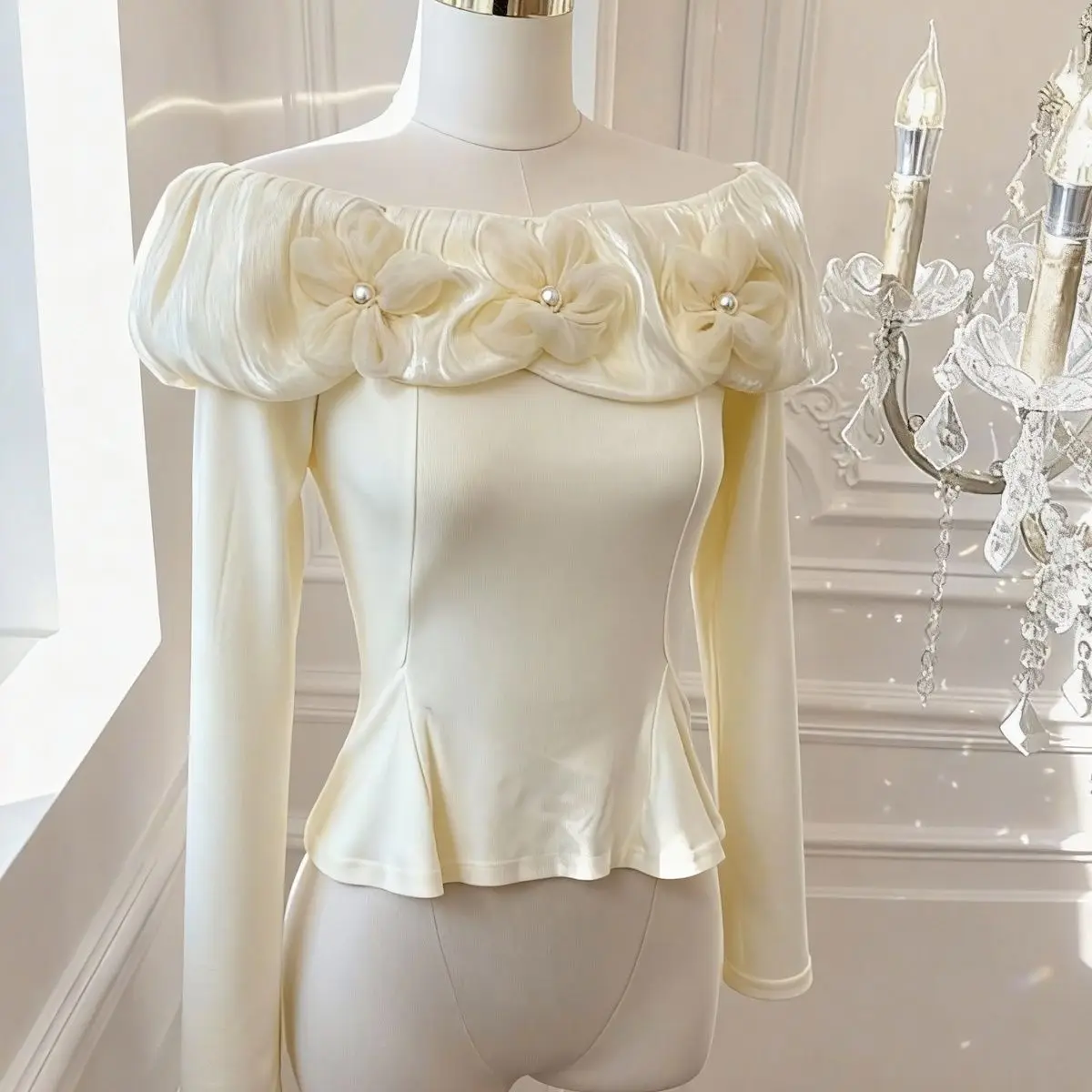 Kimutomo 3D Flower Long Sleeve Off Shoulder Top Women Autumn Winter Temperament Socialite Ruffle Trim Base Layer Shirts