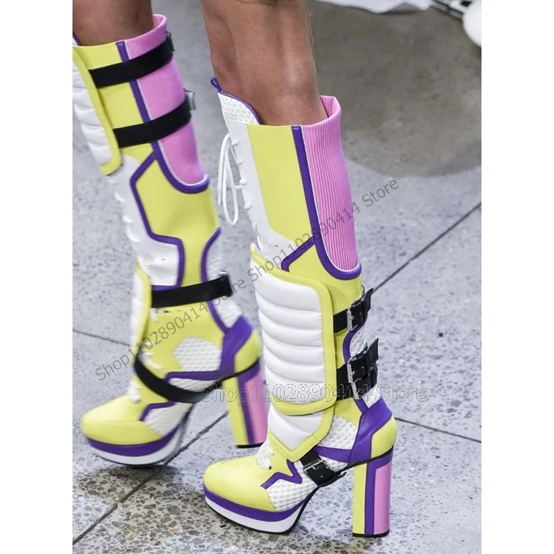 Mixed Color Belt Fastener Round Toe Platform Boots Cross Tied Women Shoes Chunky High Heels New Fashion 2023 Zapatos Para Mujere