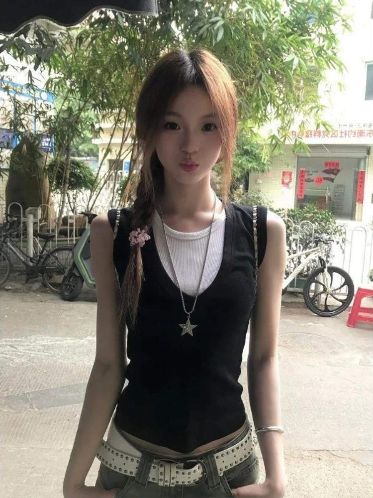 Korean Fashion Casual Skinny Fake Two Piece T-Shirts Women Summer Hot Girl Vintage Sexy Gothic Sleeveless Slim Patchwork Tees