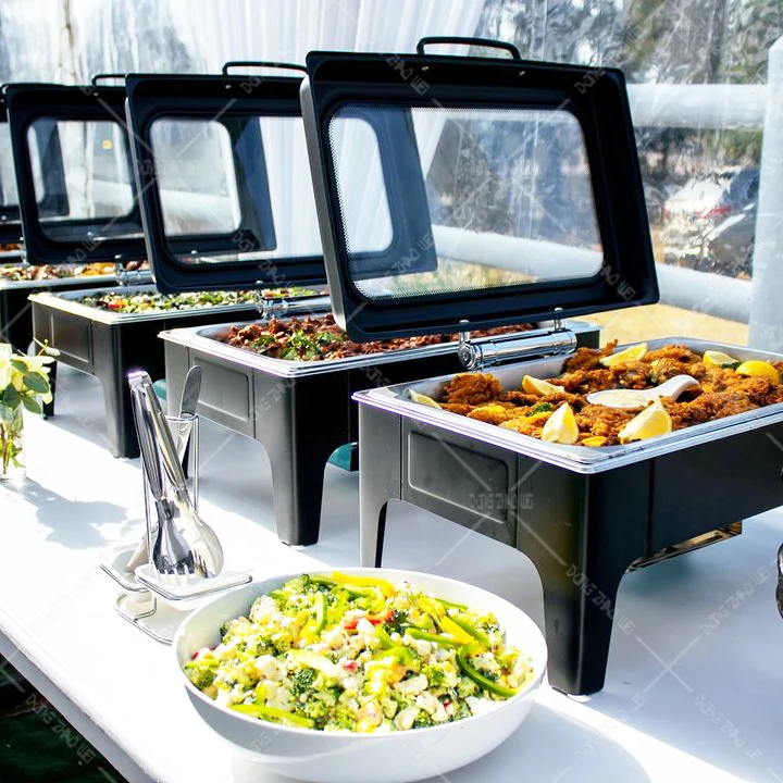 1 unidad de lujo, lo último en calentadores de alimentos para restaurantes, juego de chafers grandes de vidrio para buffet, platos de servicio de 9L, chafing dish negro para catering