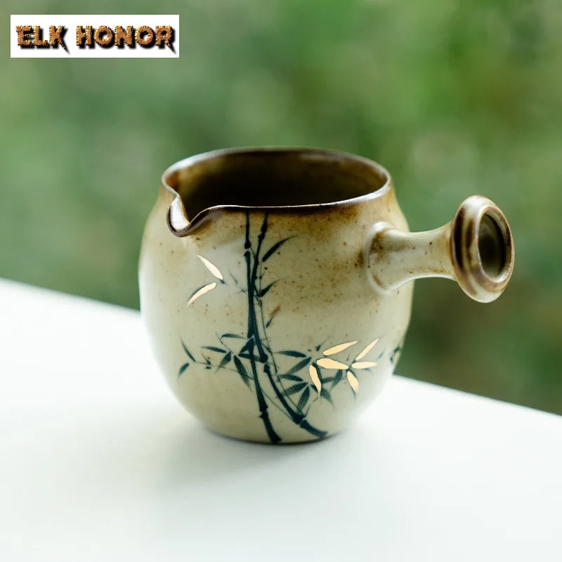 

125ml Hand-painted Green Bamboo Side Handle Tea Pitcher Pour Tea Cha Hai Dispenser Justice Cup Fair Mug Tea Items Accessories