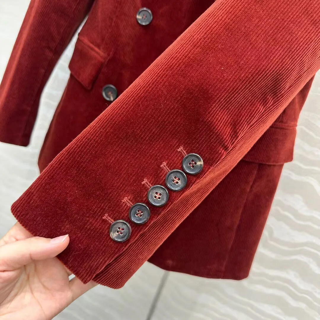 Vintage vieille argent Style bordeaux velours côtelé Blazer veste femmes nouveau automne cranté Double boutonnage à manches longues bureau costume manteau