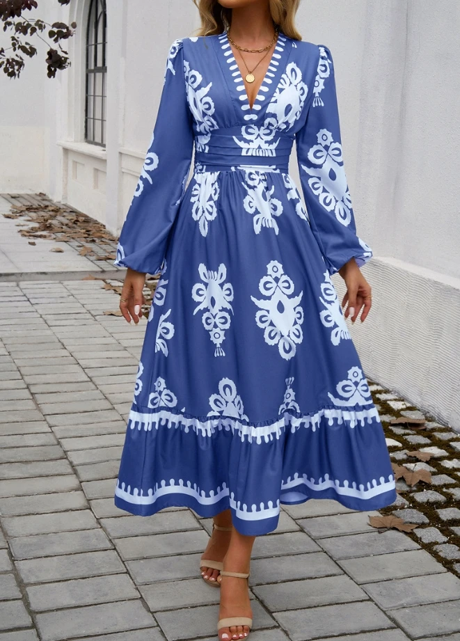 

Elegant Temperament Contrasting Color Print Pattern V-Neck Long Skirt Lantern Long Sleeve Cinched Waist Large Skirt Casual Dress