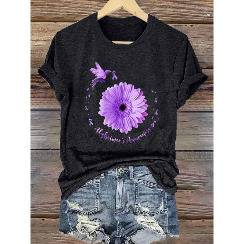 Women's Fight Alzheimer's Awareness Print T-Shirts Summer Casual T Shirt Short Sleeve Tops Tees