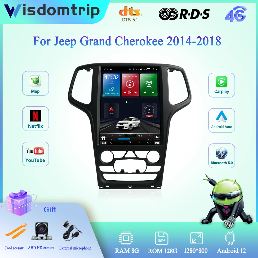 

12,1 дюймов для Jeep Grand Cherokee 2014-2018 умный мультимедийный видеоплеер Радио GPS 4G навигация Carplay + Авто Android 12