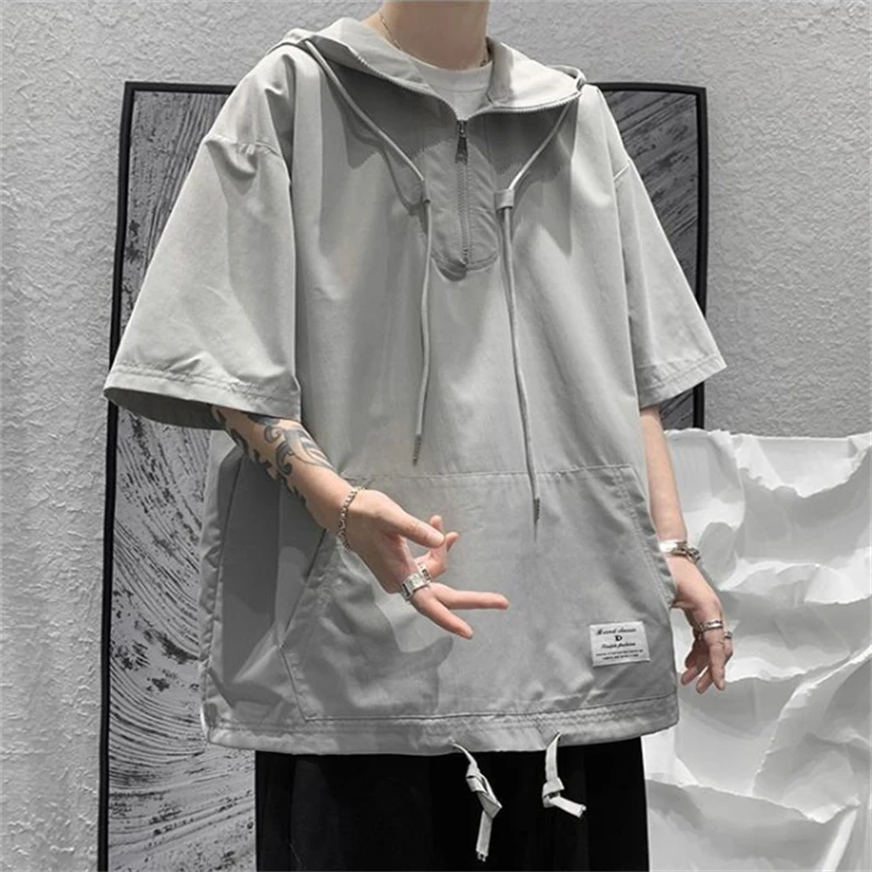 

Men's Summer Hoodies Casual T-shirt Solid Color Harajuku Style Hooded Tshirts Male Loose Pullovers