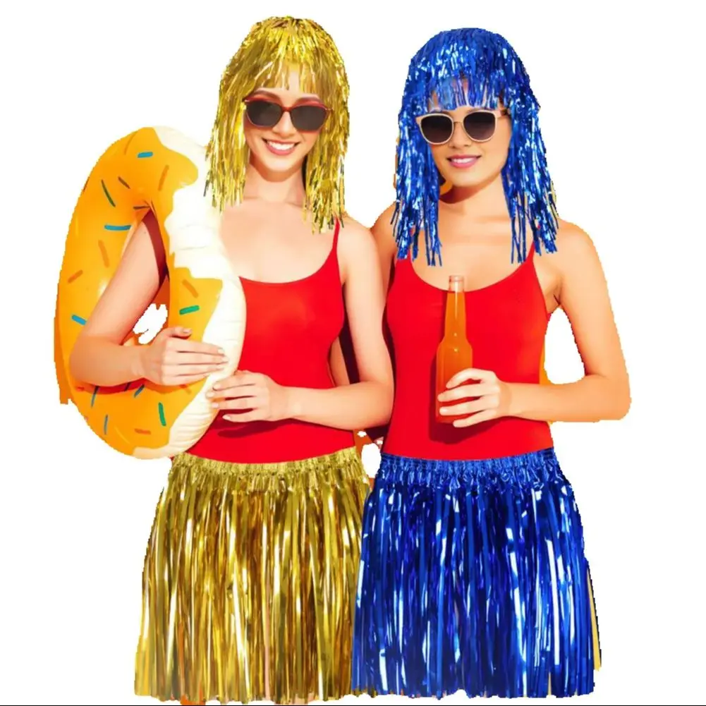 

Hawaii Skirt Elastic Mid-rise Adults Kids Mini Skirt Rain Fringe Tassels Adjustable Curtain Bright Colors Beach Dance Skirt